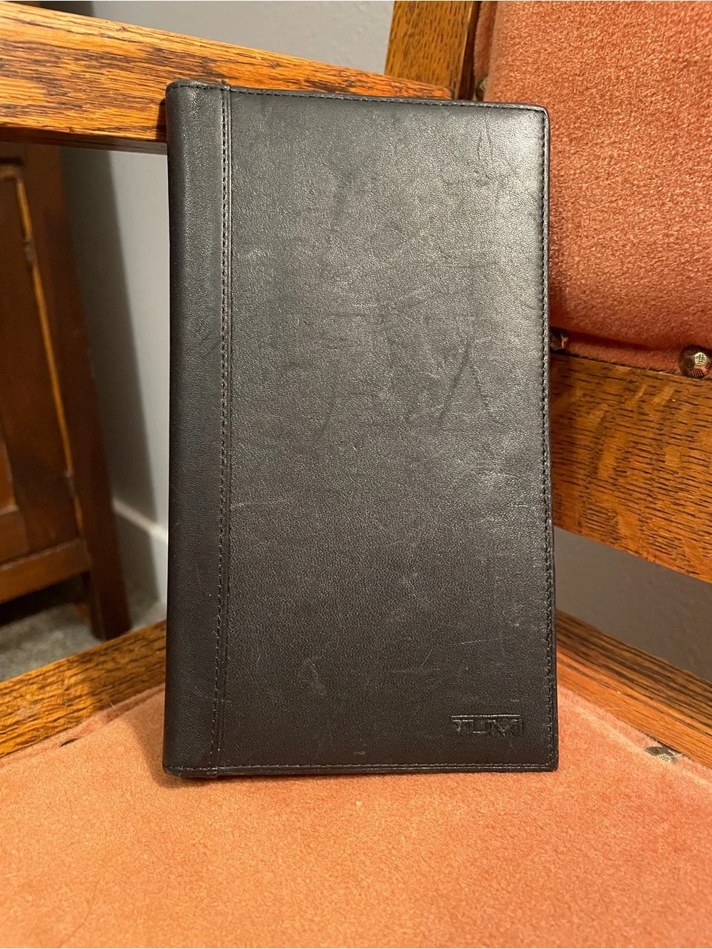 Tumi Black Leather Long Wallet, Travel Checkbook Cover, Passport, Portfolio